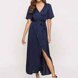 Escalier Women's Maxi Dress Satin V Neck Split Flowy Party Evening Dresses with